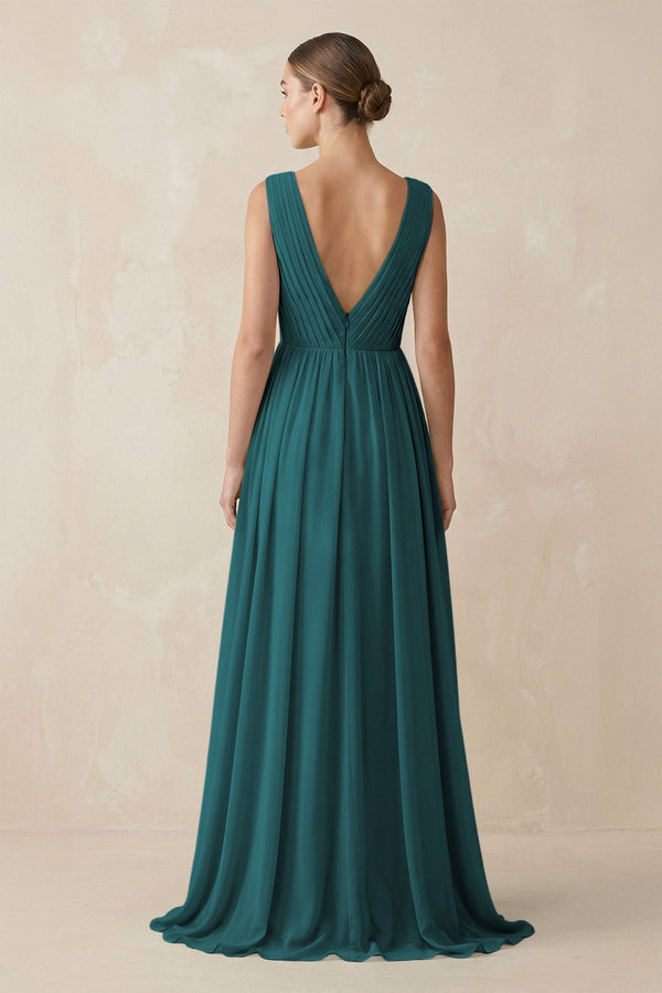 Deep V - Neck Pleated A - Line Chiffon Bridesmaid Dress in Pine - SHE IS ME Bridesmaid Dresses