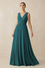 Deep V - Neck Pleated A - Line Chiffon Bridesmaid Dress in Pine - KISS BRIDAL Bridesmaid Dresses