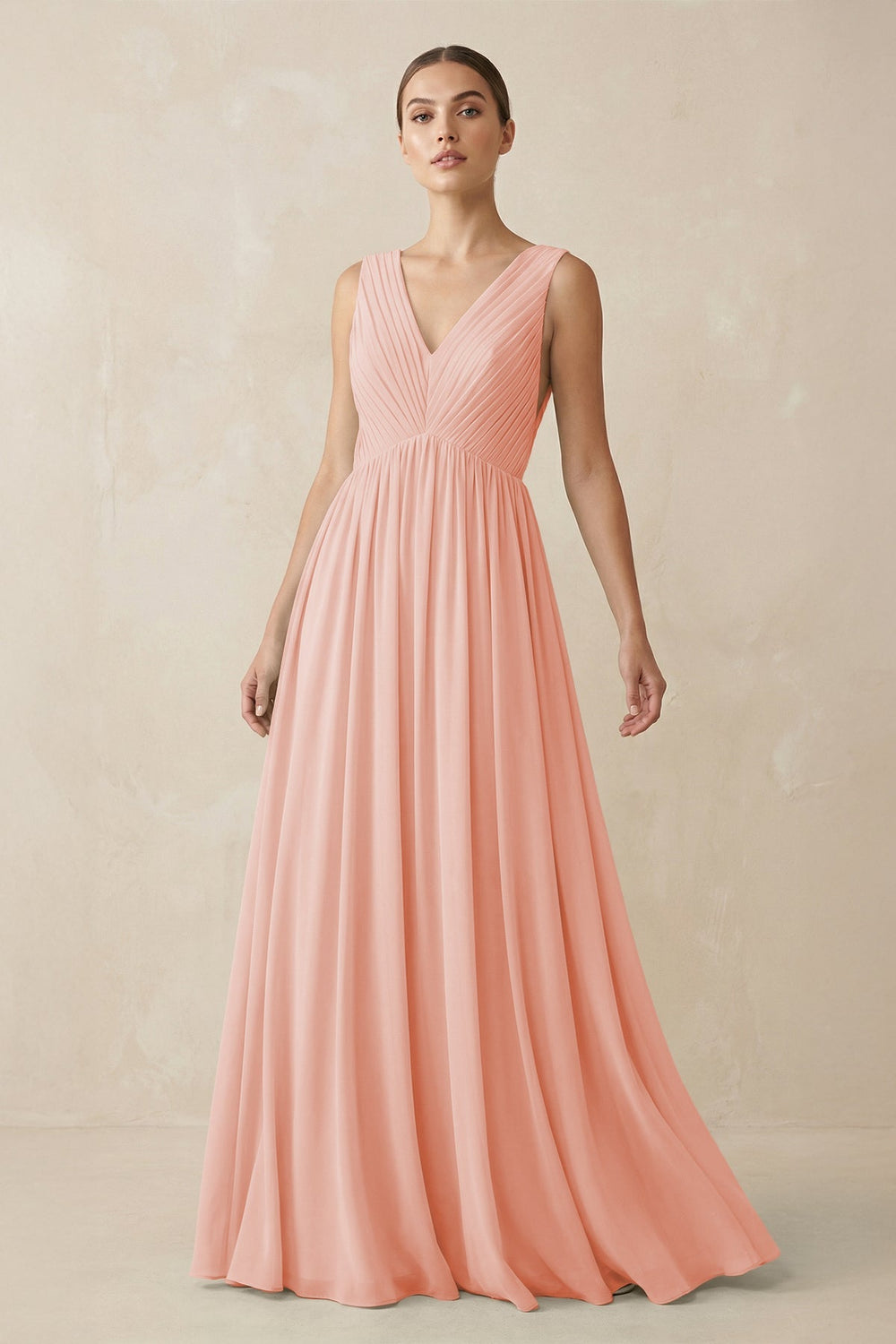 Deep V - Neck Pleated A - Line Chiffon Bridesmaid Dress in Rose Petal - SHE IS ME Bridesmaid Dresses