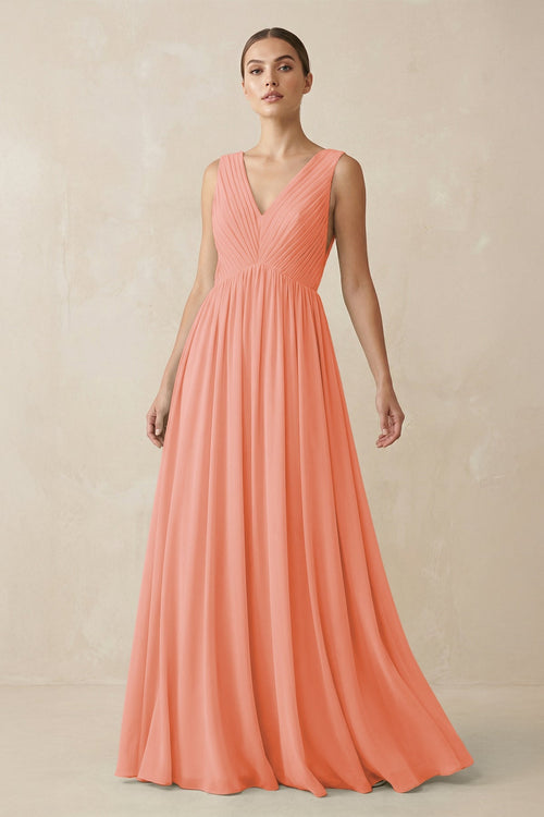 Deep V - Neck Pleated A - Line Chiffon Bridesmaid Dress in Rosette - SHE IS ME Bridesmaid Dresses
