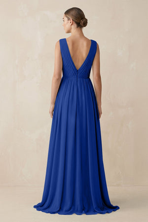 Deep V - Neck Pleated A - Line Chiffon Bridesmaid Dress in Royal Blue - SHE IS ME Bridesmaid Dresses