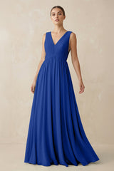 Deep V - Neck Pleated A - Line Chiffon Bridesmaid Dress in Royal Blue - KISS BRIDAL Bridesmaid Dresses