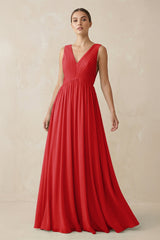 Deep V - Neck Pleated A - Line Chiffon Bridesmaid Dress in Ruby Red - KISS BRIDAL Bridesmaid Dresses