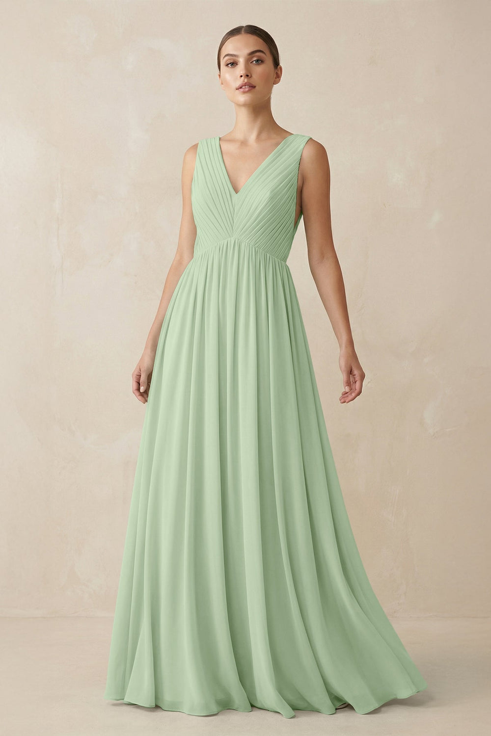 Deep V - Neck Pleated A - Line Chiffon Bridesmaid Dress in Sage - SHE IS ME Bridesmaid Dresses