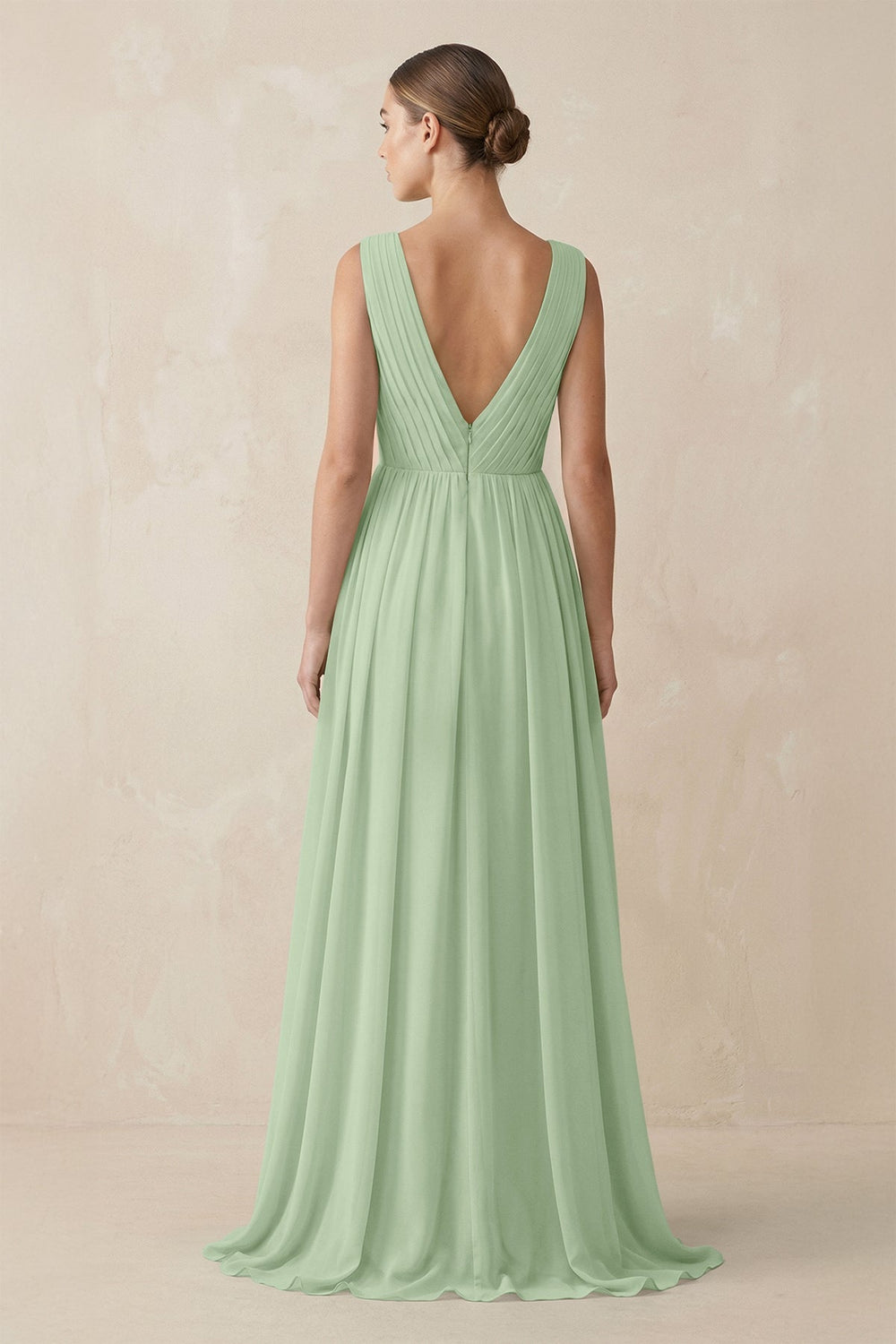 Deep V - Neck Pleated A - Line Chiffon Bridesmaid Dress in Sage - SHE IS ME Bridesmaid Dresses