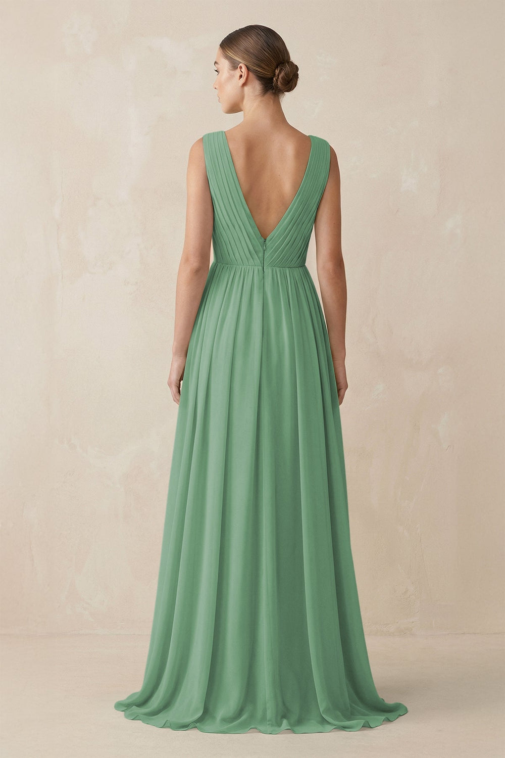 Deep V - Neck Pleated A - Line Chiffon Bridesmaid Dress in Sea Glass - SHE IS ME Bridesmaid Dresses