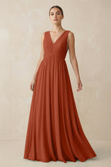 Deep V - Neck Pleated A - Line Chiffon Bridesmaid Dress in Spice - KISS BRIDAL Bridesmaid Dresses