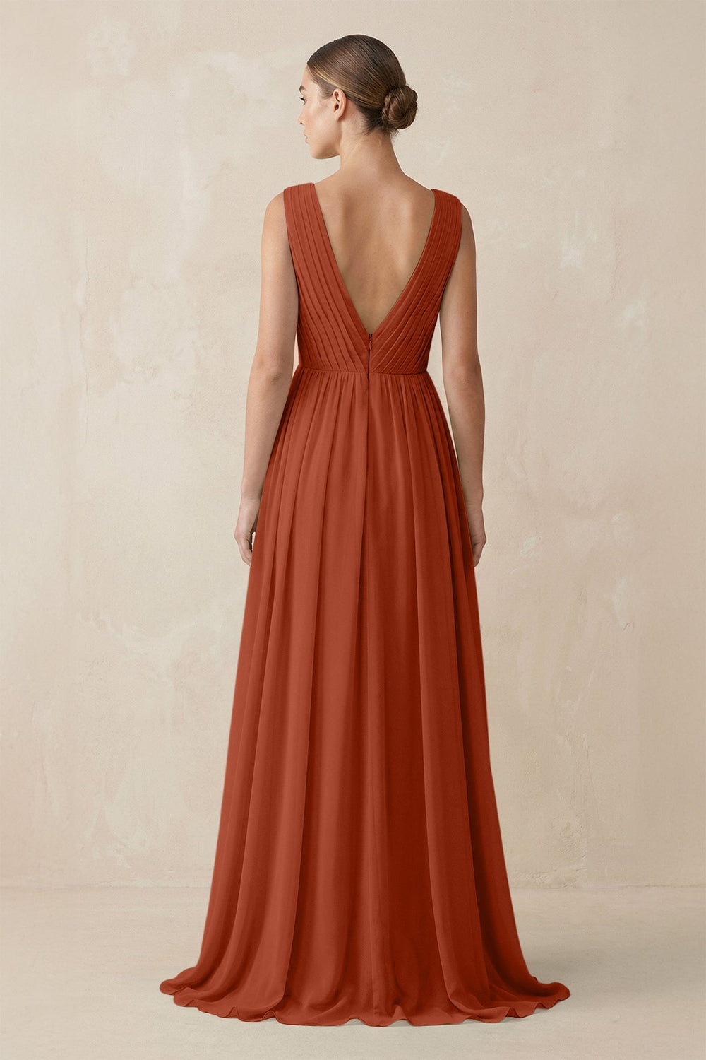 Deep V - Neck Pleated A - Line Chiffon Bridesmaid Dress in Spice - SHE IS ME Bridesmaid Dresses