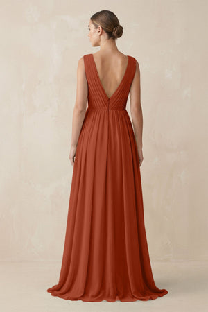 Deep V - Neck Pleated A - Line Chiffon Bridesmaid Dress in Spice - SHE IS ME Bridesmaid Dresses