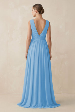 Deep V - Neck Pleated A - Line Chiffon Bridesmaid Dress in Steel Blue - SHE IS ME Bridesmaid Dresses