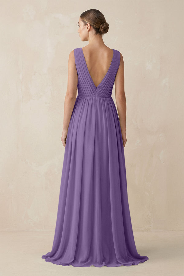 Deep V - Neck Pleated A - Line Chiffon Bridesmaid Dress in Tahiti - SHE IS ME Bridesmaid Dresses