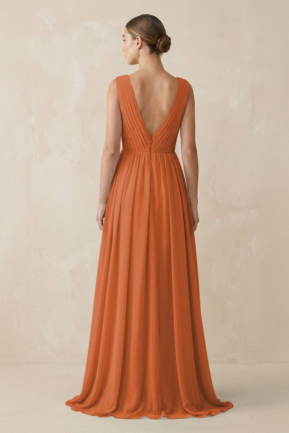 Deep V - Neck Pleated A - Line Chiffon Bridesmaid Dress in Terracotta - SHE IS ME Bridesmaid Dresses