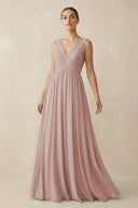 Deep V - Neck Pleated A - Line Chiffon Bridesmaid Dress in Toffee - SHE IS ME Bridesmaid Dresses