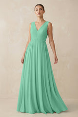 Deep V - Neck Pleated A - Line Chiffon Bridesmaid Dress in Turquoise - KISS BRIDAL Bridesmaid Dresses