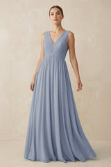 Deep V - Neck Pleated A - Line Chiffon Bridesmaid Dress in Twilight - KISS BRIDAL Bridesmaid Dresses