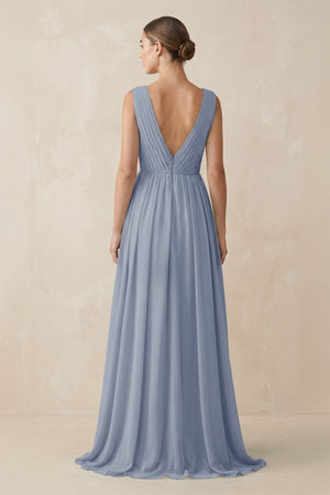 Deep V - Neck Pleated A - Line Chiffon Bridesmaid Dress in Twilight - SHE IS ME Bridesmaid Dresses