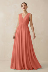 Deep V - Neck Pleated A - Line Chiffon Bridesmaid Dress in Wild Rose - KISS BRIDAL Bridesmaid Dresses