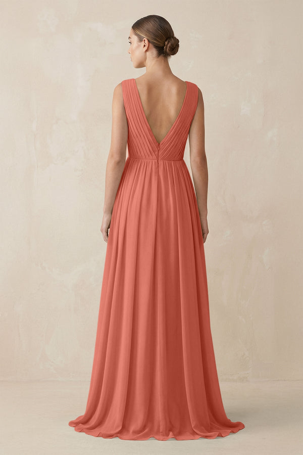 Deep V - Neck Pleated A - Line Chiffon Bridesmaid Dress in Wild Rose - SHE IS ME Bridesmaid Dresses
