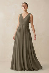 Deep V - Neck Pleated A - Line Chiffon Bridesmaid Dress in Willow Green - KISS BRIDAL Bridesmaid Dresses