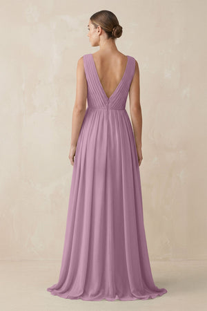 Deep V - Neck Pleated A - Line Chiffon Bridesmaid Dress in Wisteria - SHE IS ME Bridesmaid Dresses