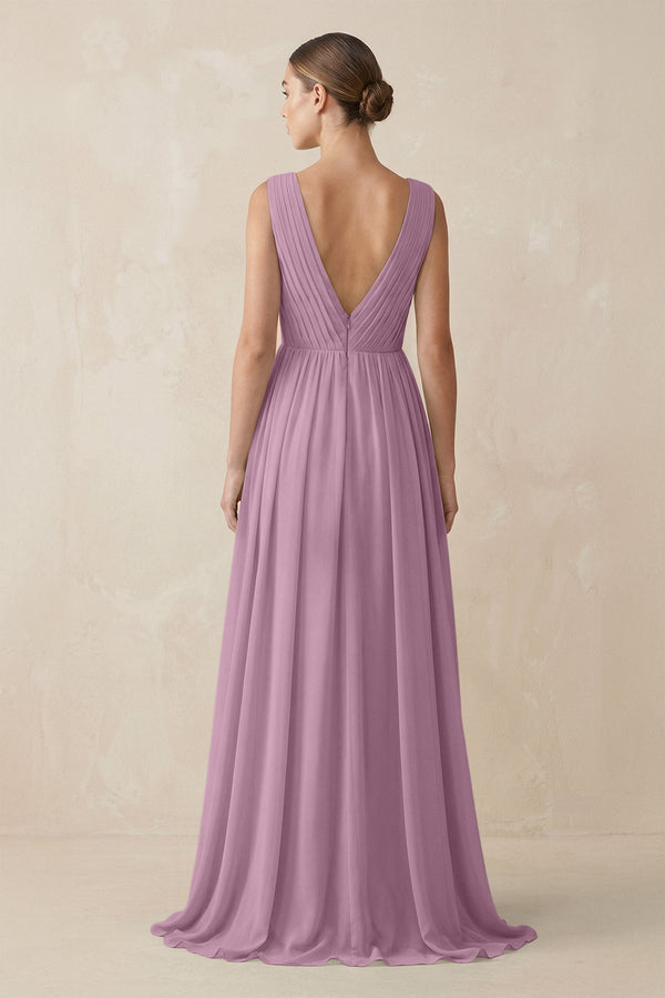 Deep V - Neck Pleated A - Line Chiffon Bridesmaid Dress in Wisteria - SHE IS ME Bridesmaid Dresses