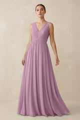Deep V - Neck Pleated A - Line Chiffon Bridesmaid Dress in Wisteria - KISS BRIDAL Bridesmaid Dresses