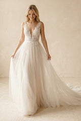 Deep V - Neck Tulle A - Line Appliqued Wedding Dress in Ivory - KISS BRIDAL Wedding Dresses