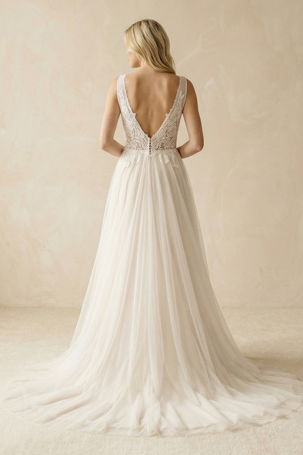 Deep V - Neck Tulle A - Line Appliqued Wedding Dress in Ivory - KISS BRIDAL Wedding Dresses