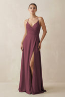 Desert Rose A-Line Chiffon Long Bridesmaid Dress With Slit | KISSBRIDAL
