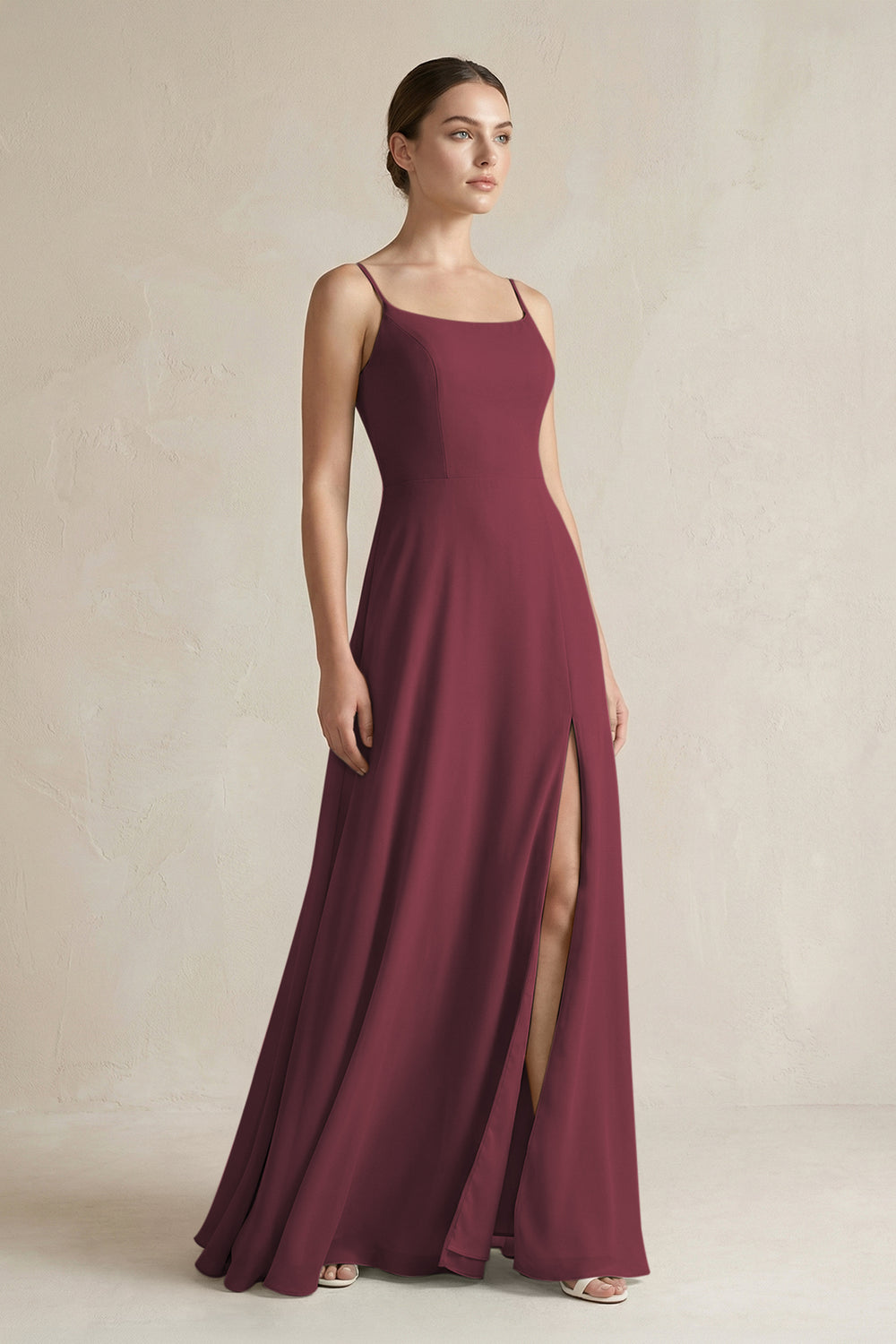 A-Line Chiffon Spaghetti Strap Bridesmaid Dress in Desert Rose
