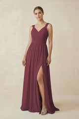 Desert Rose A-Line Pleated Chiffon Long Bridesmaid Dress | KISSBRIDAL