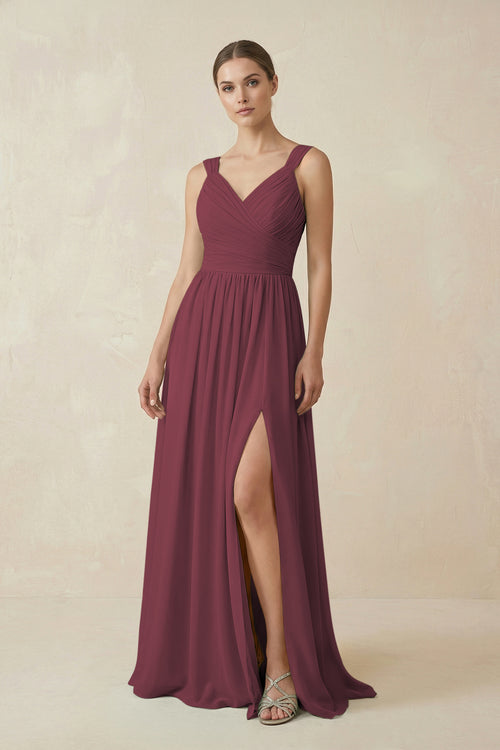 Desert Rose A-Line Pleated Chiffon Long Bridesmaid Dress | KISSBRIDAL