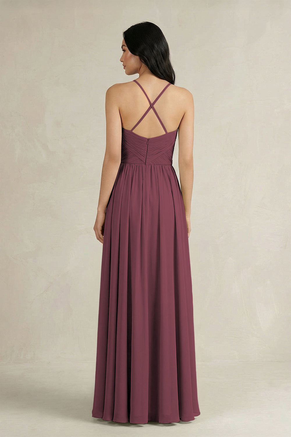 A-Line Pleated Spaghetti Strap Chiffon Bridesmaid Dress in Desert Rose