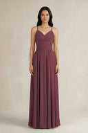 Desert Rose A-Line Pleated Spaghetti Strap Chiffon Bridesmaid Dress | KISSBRIDAL