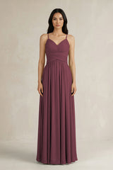 Desert Rose A-Line Pleated Spaghetti Strap Chiffon Bridesmaid Dress | KISSBRIDAL