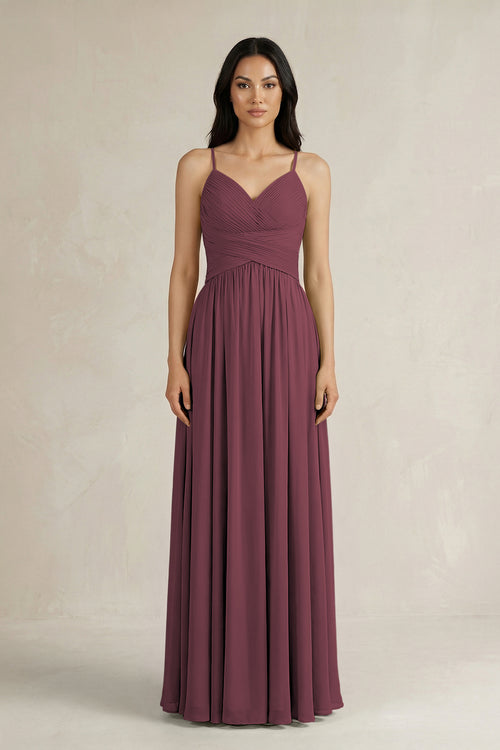 Desert Rose A-Line Pleated Spaghetti Strap Chiffon Bridesmaid Dress | KISSBRIDAL