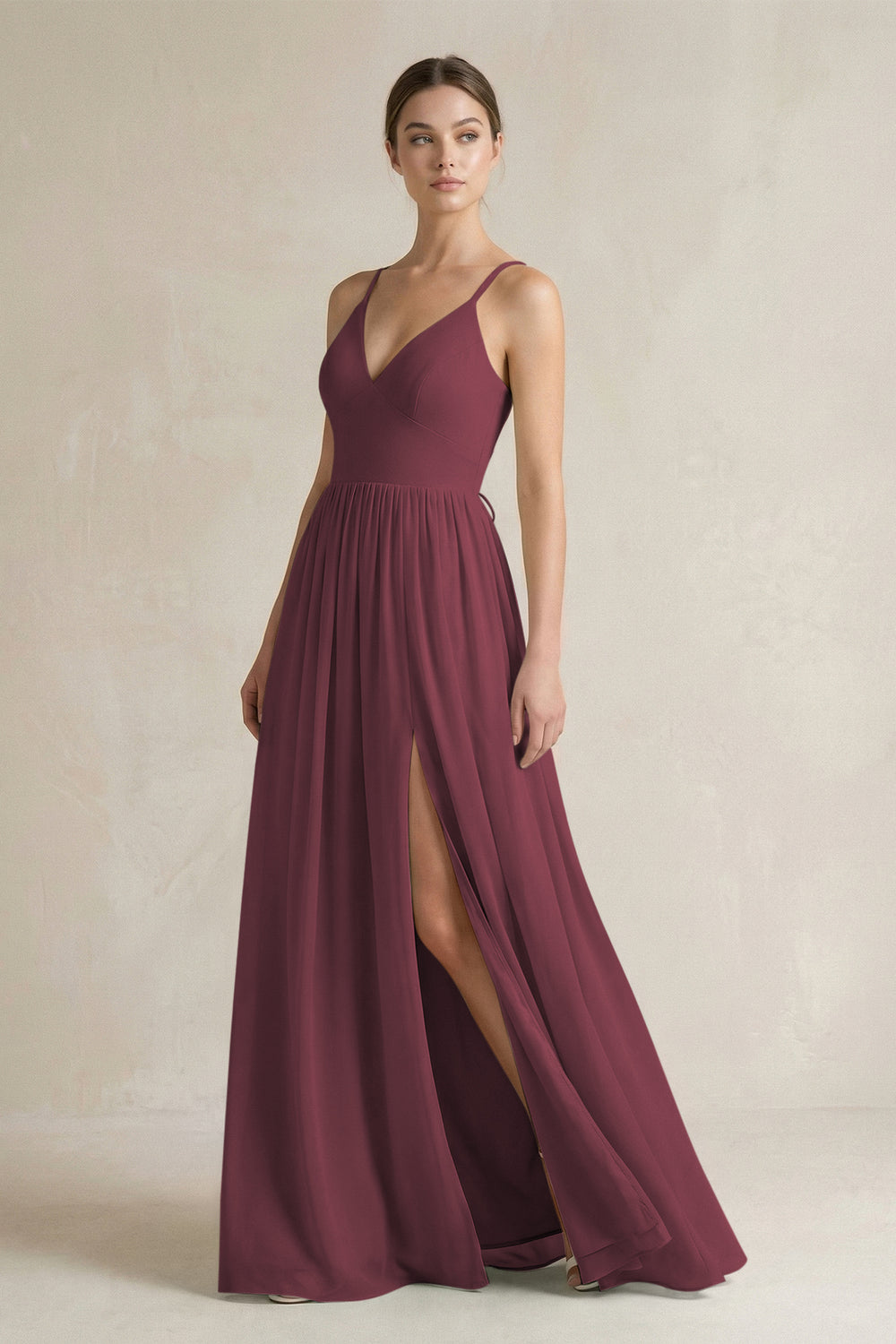 A-Line Spaghetti Strap Chiffon Bridesmaid Dress in Desert Rose