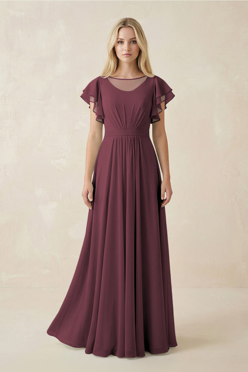 Desert Rose Cap Sleeve Ruffled A-Line Chiffon Bridesmaid Dress | KISSBRIDAL