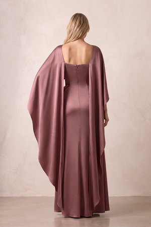 Desert Rose Cape Sleeves Satin Sheath Bateau Neck Mother of the Bride Dress (2) | KISSBRIDAL