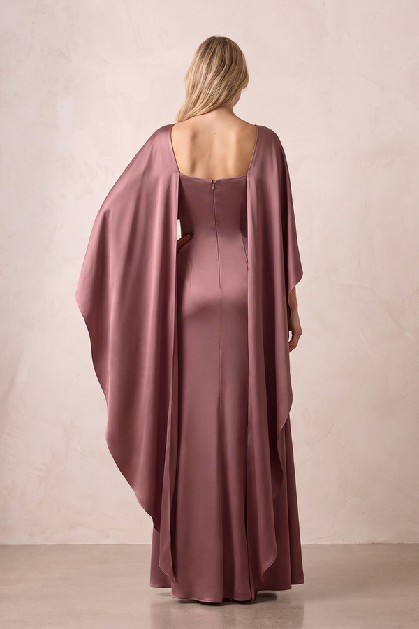 Desert Rose Cape Sleeves Satin Sheath Bateau Neck Mother of the Bride Dress (2) | KISSBRIDAL