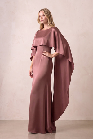 Desert Rose Cape Sleeves Satin Sheath Bateau Neck Mother of the Bride Dress (3) | KISSBRIDAL