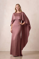 Desert Rose Cape Sleeves Satin Sheath Bateau Neck Mother of the Bride Dress | KISSBRIDAL