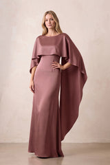 Desert Rose Cape Sleeves Satin Sheath Bateau Neck Mother of the Bride Dress | KISSBRIDAL