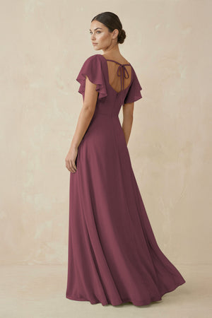 Desert Rose Chiffon A-Line Long Bridesmaid Dress with Flutter Sleeves (2) | KISSBRIDAL