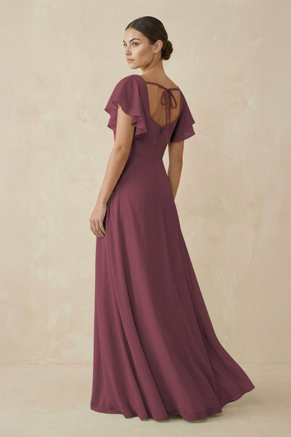 Desert Rose Chiffon A-Line Long Bridesmaid Dress with Flutter Sleeves (2) | KISSBRIDAL