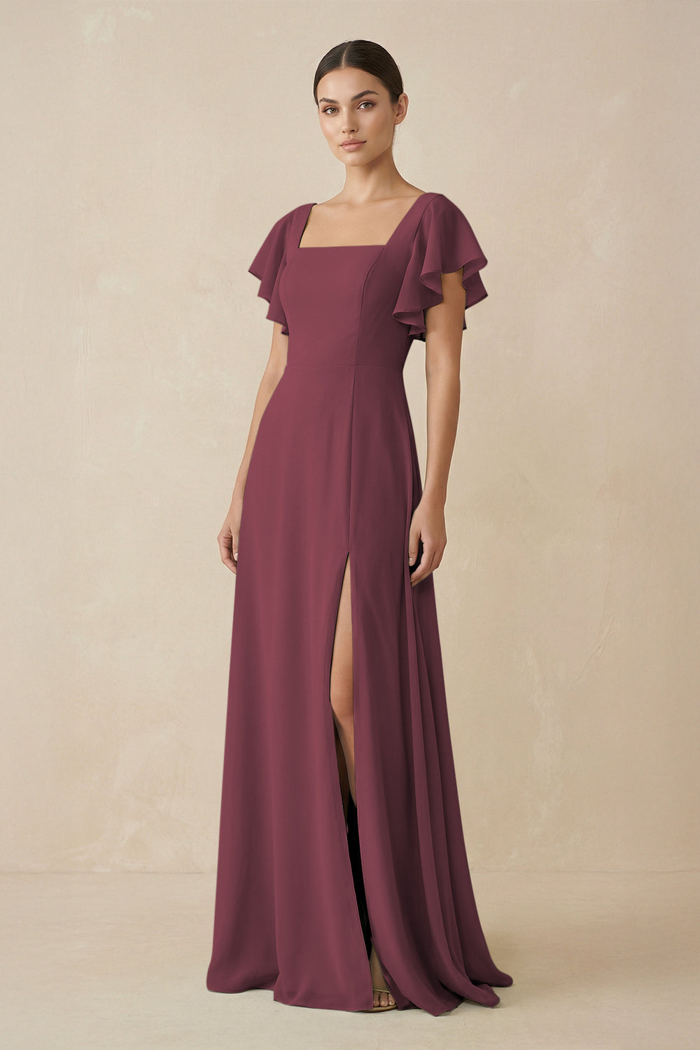 Chiffon A-Line Long Bridesmaid Dress with Flutter Sleeves in Desert Rose