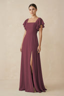 Desert Rose Chiffon A-Line Long Bridesmaid Dress with Flutter Sleeves | KISSBRIDAL