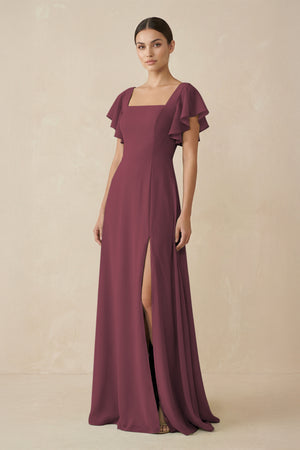 Desert Rose Chiffon A-Line Long Bridesmaid Dress with Flutter Sleeves | KISSBRIDAL