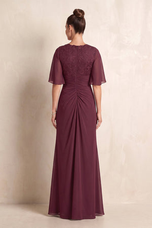 Desert Rose Chiffon Sheath Pleated Mother of the Bride Dress With Sleeves (2) | KISSBRIDAL