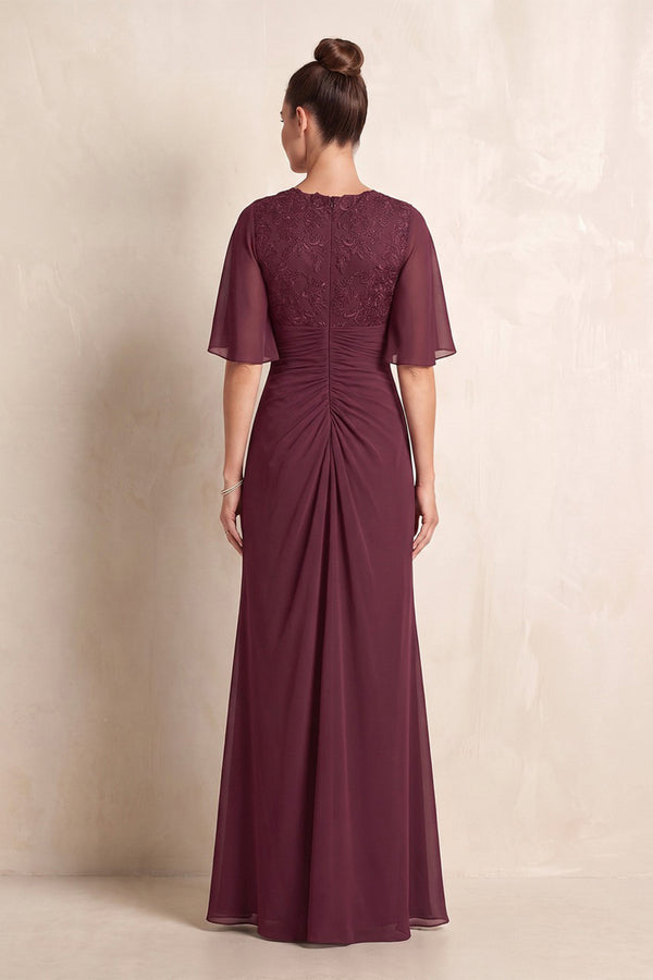 Desert Rose Chiffon Sheath Pleated Mother of the Bride Dress With Sleeves (2) | KISSBRIDAL